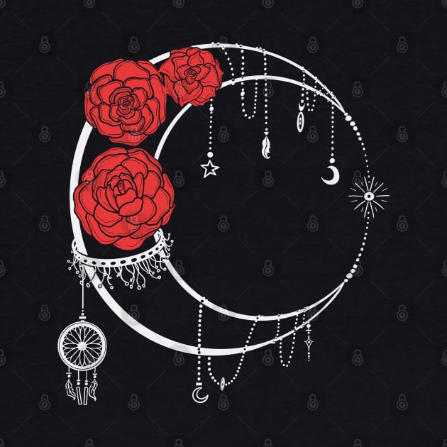 Dark Moon with Red Roses with Back Words Tattoo by Kalma Kun